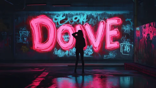 Silhouette stands before large neon pink DOVE graffiti wall