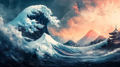 Dynamic tsunami crest with glowing volcanic horizon and temple.