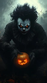 Glowing jack o&rsquo;lantern adds eerie charm to a haunting clown