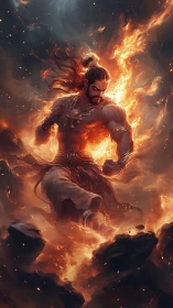 Fire-wreathed warrior god strides through molten chaos.