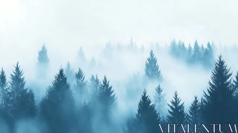 Misty Forest Landscape with Evergreen Trees.