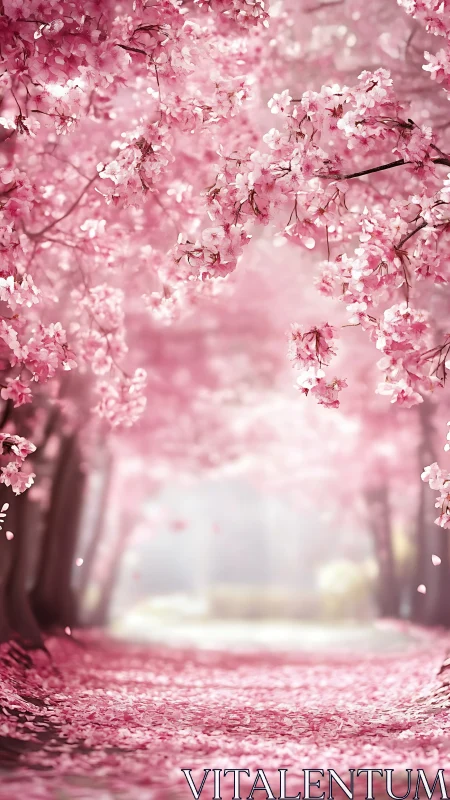 Blossom tunnel of soft pink petals in gentle spring light.