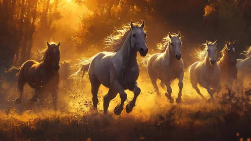 Wild white horses charge through blazing golden forest light