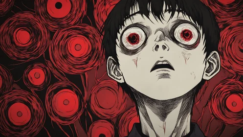 Stunned anime boy stares into a surreal red nightmare vision