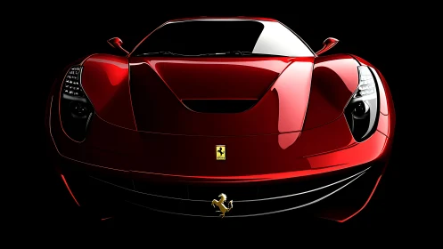 Front-facing red supercar render with dramatic gloss lighting.