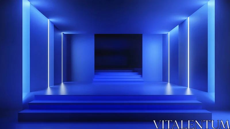Futuristic blue corridor with stepped platform and linear LEDs