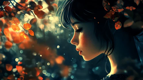 Soft autumn glow around a dreaming forest girl at dusk.