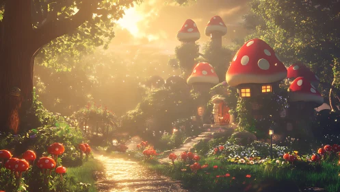 Sunlit mushroom village glows in an enchanted forest path.
