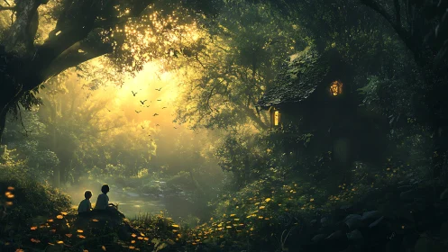 Children watch glowing forest cottage beside misty river
