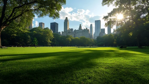 Central Park lawn glows under low sun and skyline silhouettes.