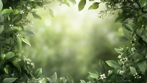 Radial depth-of-field foliage frame with diffuse green bokeh core