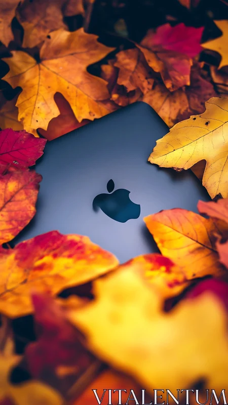 Apple device rests under vivid orange autumn maple leaves.