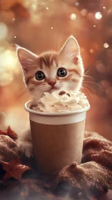 Whimsical Kitten Emerging from Cream Coffee Cup. Digital Fantasy.