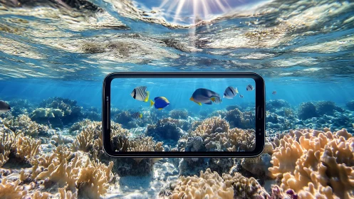 Smartphone frame showing tropical coral reef scene underwater.