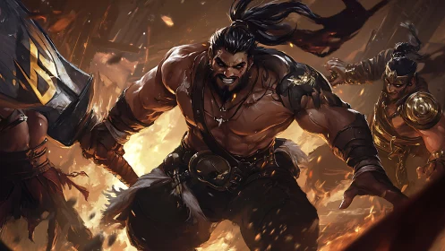 Battle-hardened warrior charges through blazing siege lines.