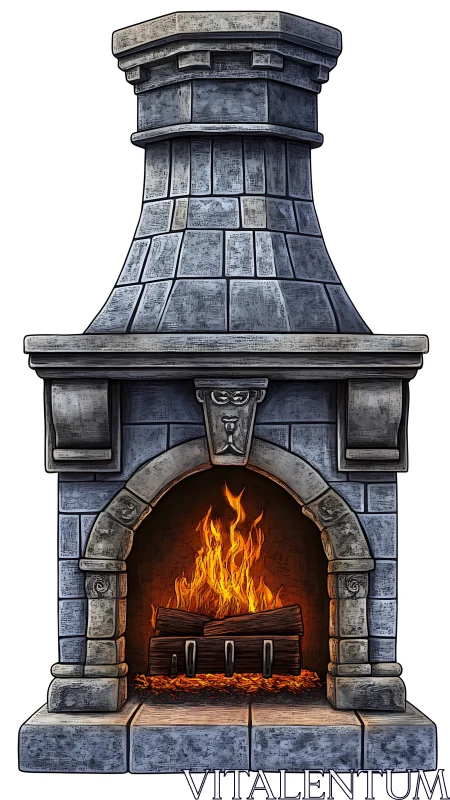 Stone fireplace with active flames and tall ornamental chimney stack