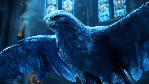 3D blue falcon close-up in stained-glass cathedral interior.