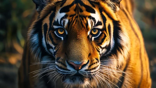 Telephoto frontal tiger portrait with shallow depth-of-field.