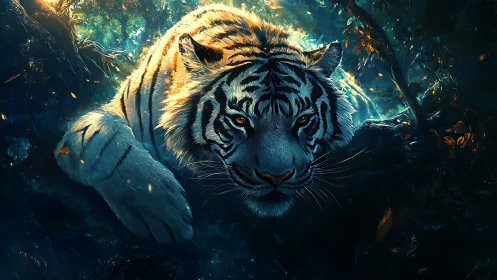 White tiger prowls through glowing jungle shadows at dusk
