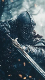 Armored knight in frostbitten battle stance with embers rising