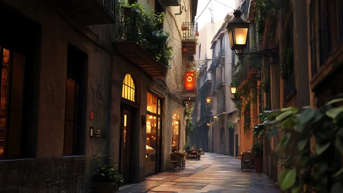 Sunlit European alleyway glows with warm evening cafes.