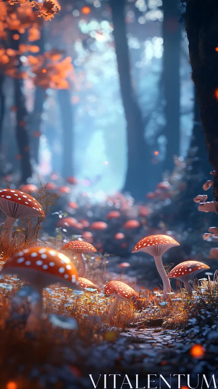 Luminescent mushrooms in misty forest corridor