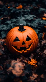 High-contrast jack-o-lantern amid desaturated autumn foliage.