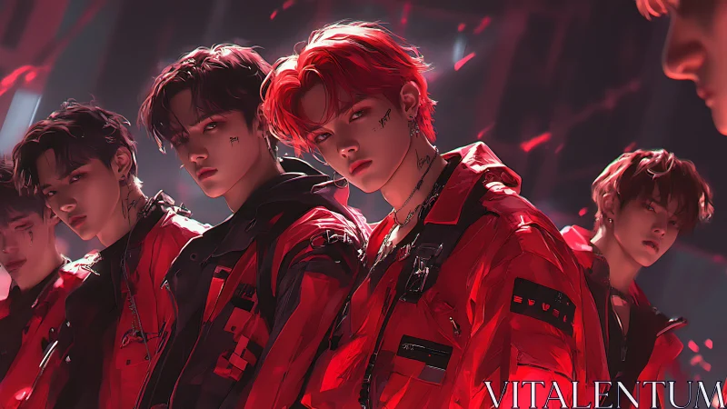 Cyber-lit boy band in red tactical streetwear dominates frame