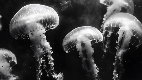 Luminous jellyfish drift through monochrome underwater void.