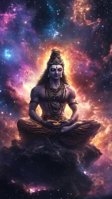 Cosmic meditation of blue-skinned deity amid nebular radiation