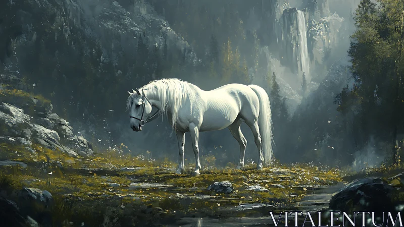 White stallion in misted mountain glade under cool daylight.