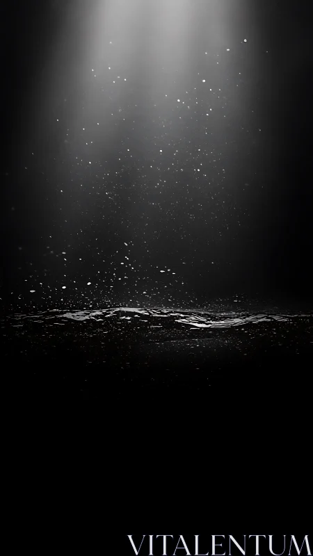 Narrow light beams intersect dark water surface and particles