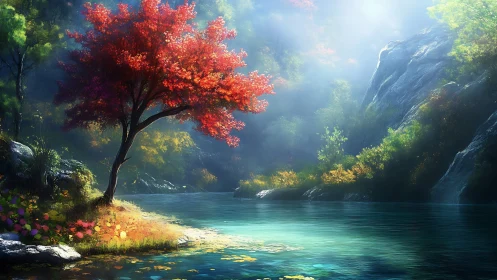 Crimson riverside tree over tranquil turquoise forest pool.