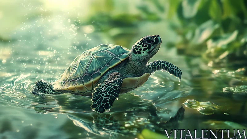 Graceful sea turtle glides through glowing green water.