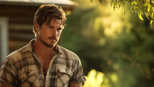 Rugged farm worker stands in warm golden evening light.