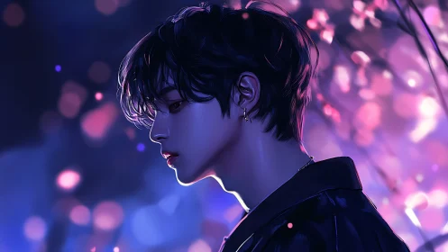 Neon-lit side profile portrait with violet bokeh ambience.