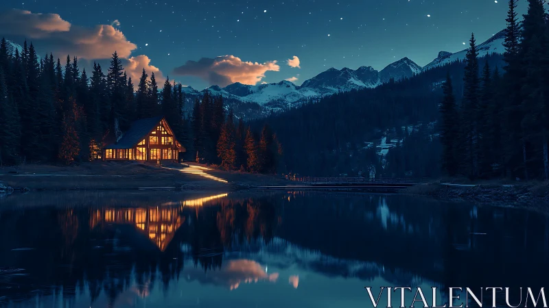 Lakeside cabin glows warmly beneath a tranquil starlit sky