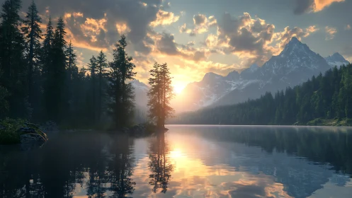 Mountain lake shoreline with conifer forest at sunrise.