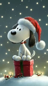 Cartoon beagle in Santa hat posed atop snowy gift box