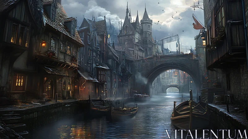 Moody medieval canal city rendered in detailed digital painting