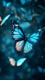 Blue butterfly in cool-toned bokeh forest scene.