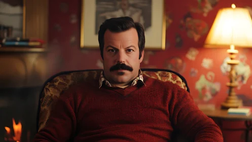 Mustached evening thinker settles into warm vintage glow