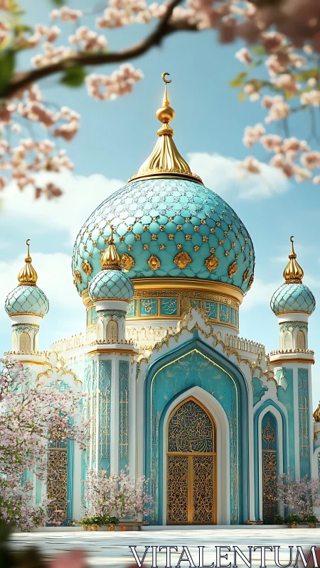 Turquoise domed mosque rises among soft cherry blossoms