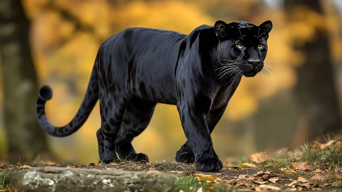 Black Panther Prowls Through Natural Habitat.