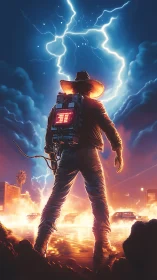 Time-charged cyber-western hero confronts storm-warped skyline