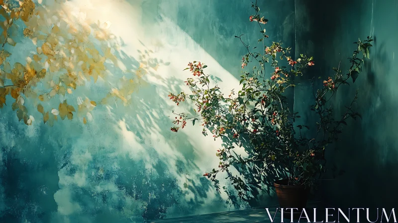 Potted flowering branch casting shadows on teal wall.