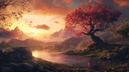 Sunset landscape with river, red tree, and distant mountains.