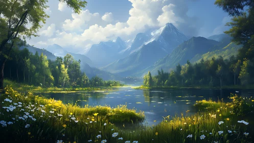 Sunlit mountain lake wrapped in peaceful wildflower calm.