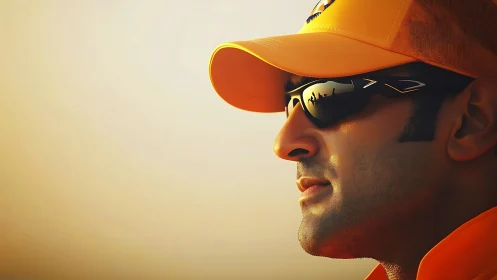 Side profile of man in orange cap and sunglasses outdoors.