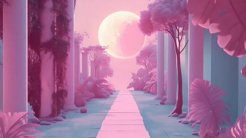Lunar-illuminated neoclassical colonnade in pink volumetric haze.